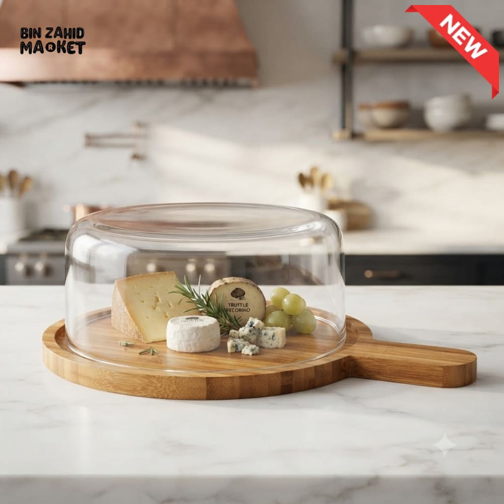 ROUND GLASS CHEESE DOME WITH BAMBOO SERVING BOARD - SMALL