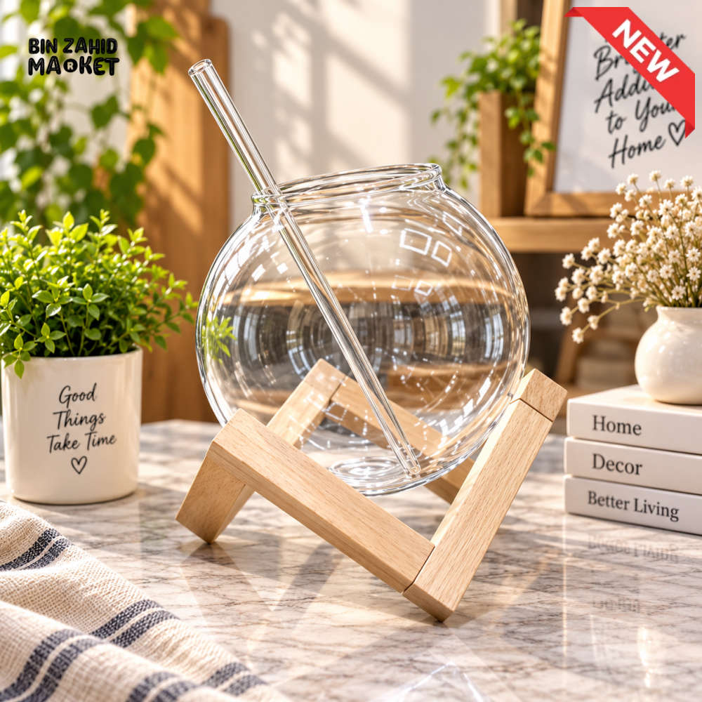 ROUND GLASS CUP WITH GLASS STRAW AND WOODEN STAND