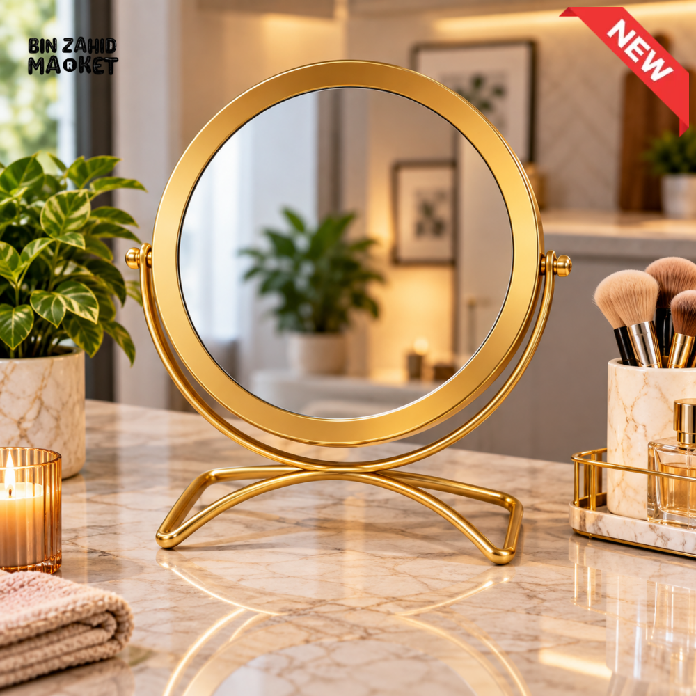 ROUND GOLD TABLETOP VANITY MIRROR WITH METAL STAND