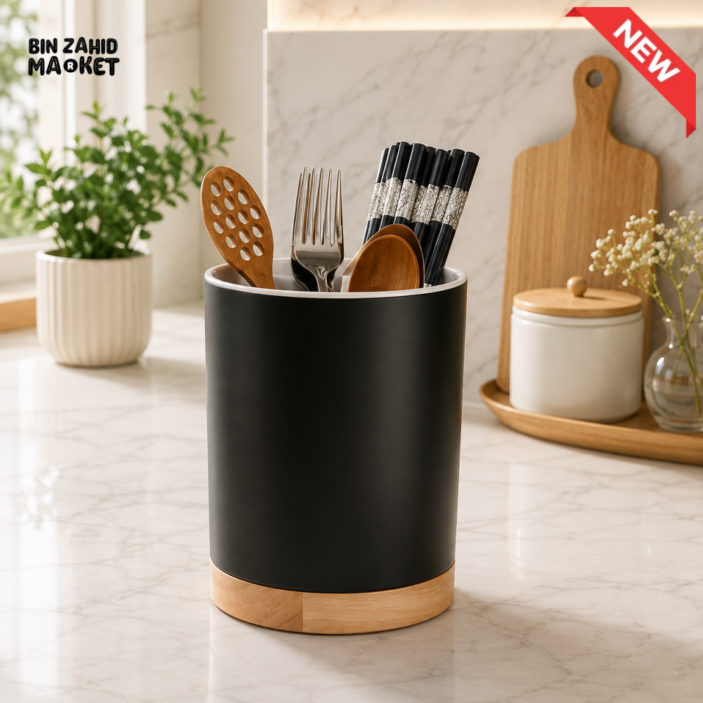 ROUND KITCHEN UTENSIL HOLDER WITH WOODEN BASE