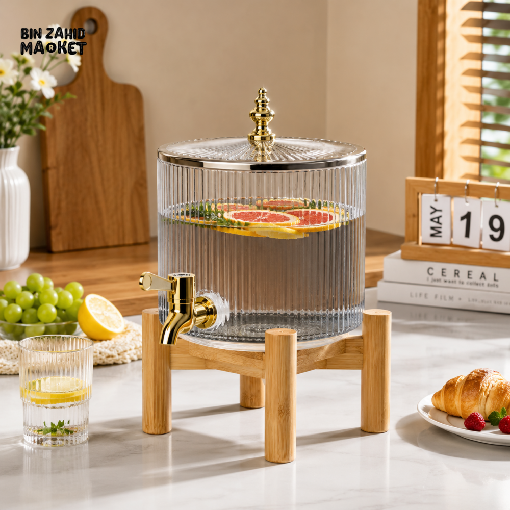 ROUND RIBBED GLASS BEVERAGE DISPENSER WITH BAMBOO STAND & GOLD FAUCET - 4.2 LITER