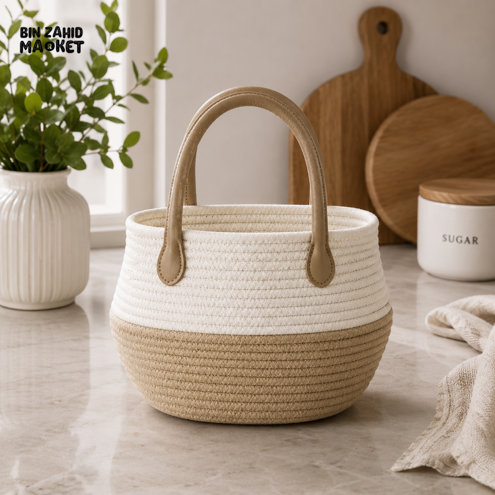 ROUND ROPE STORAGE BASKET WITH HANDLE