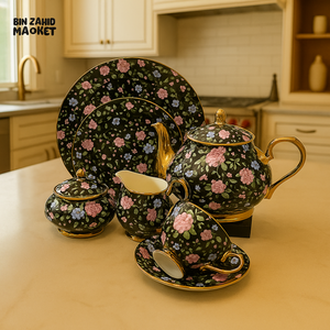 ROYAL ALBERT 24PIECE TEASET VINTAGE FLORAL DESIGN WITH GOLD TRIM - MIDNIGHT BLOOM FLORAL