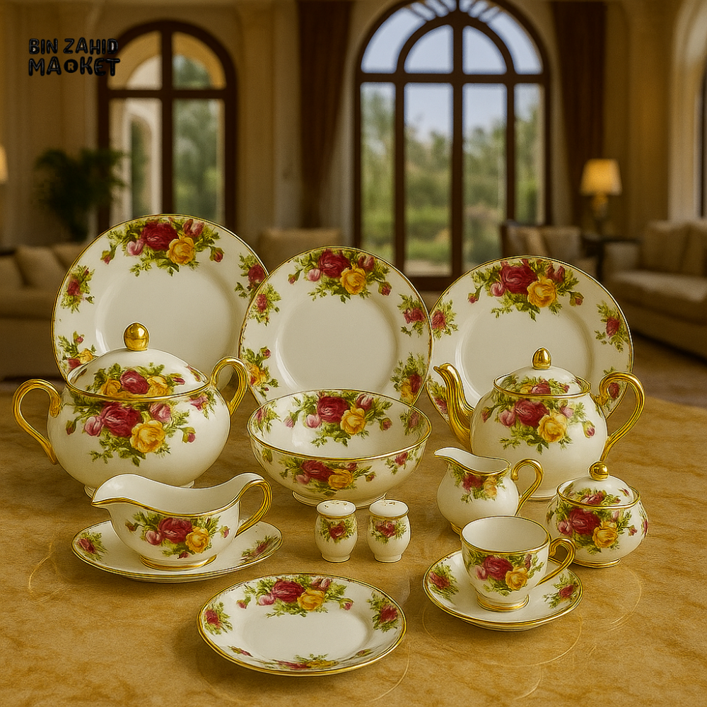 ROYAL ALBERT FINE BONE CHINA 75-PIECE DINNER SET – FLORAL GOLD TRIM TABLEWARE WITH PLATES, BOWLS, TEA SET & SERVING DISHES - 416F