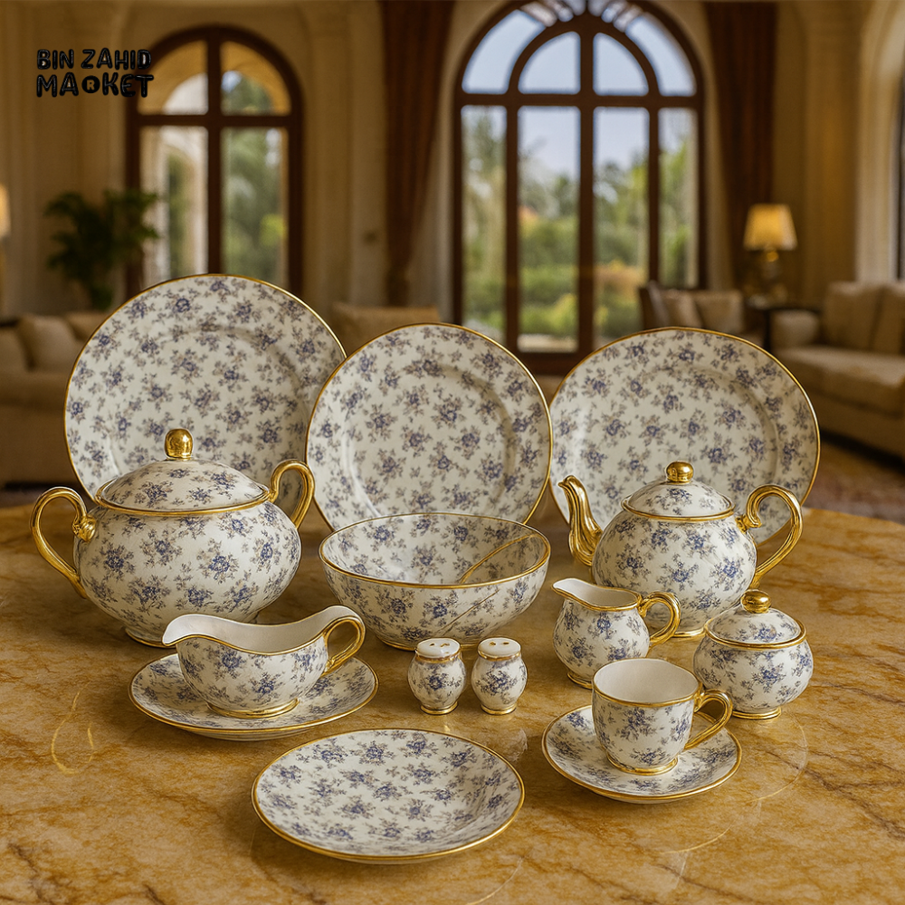 ROYAL ALBERT FINE BONE CHINA 75-PIECE DINNER SET – FLORAL GOLD TRIM TABLEWARE WITH PLATES, BOWLS, TEA SET & SERVING DISHES - 951F