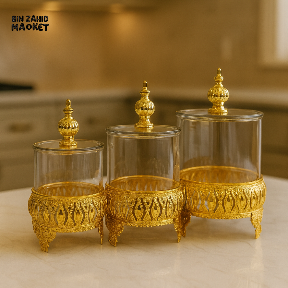 ROYAL ARABESQUE GOLD PEDESTAL JARS – 3 PIECES CLEAR GLASS SET WITH LIDS 1000ML 1200ML 1500ML
