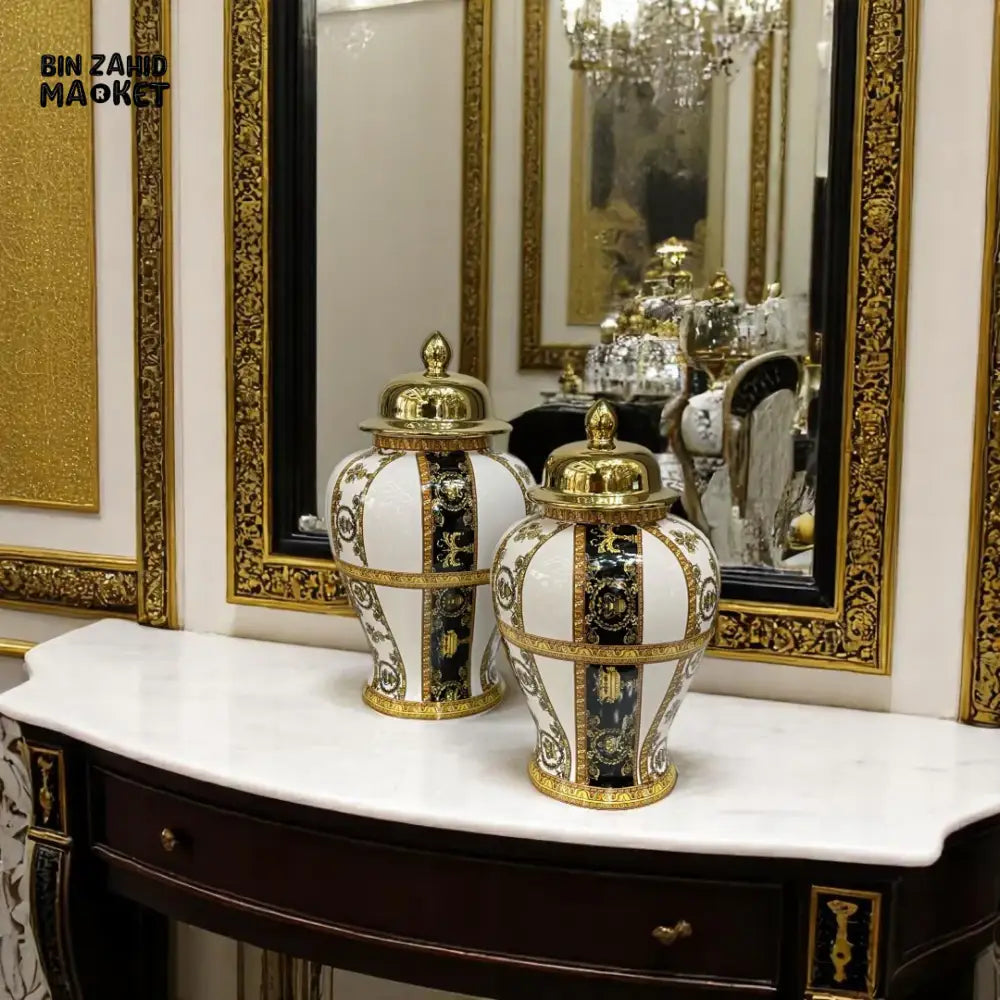 ROYAL BLACK & GOLD CERAMIC VASE SET – LUXURY HOME DÉCOR PIECE