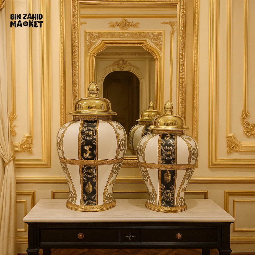 ROYAL BLACK & GOLD CERAMIC VASE SET – LUXURY HOME DÉCOR PIECE