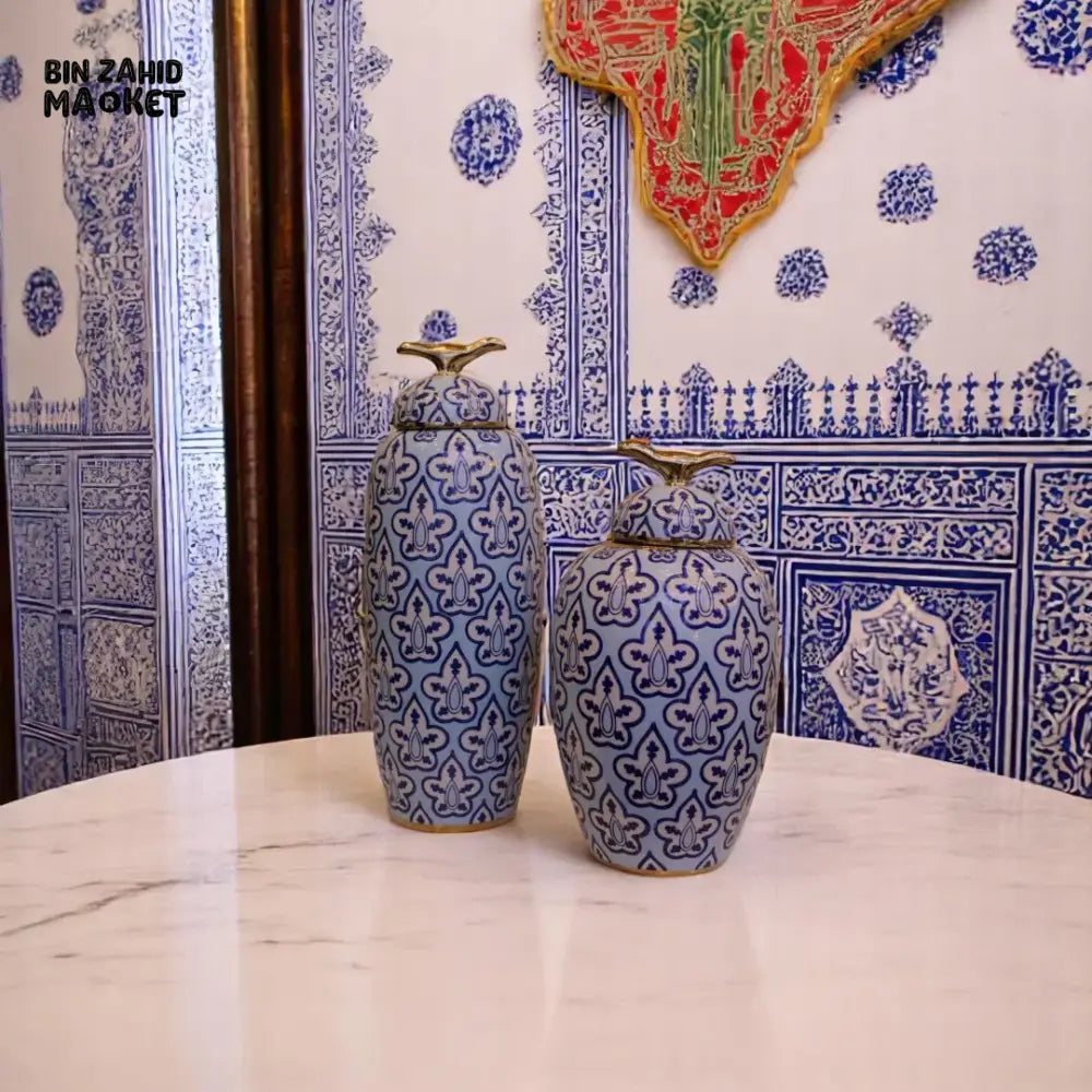 ROYAL BLUE FLORAL CERAMIC VASE SET – GOLDEN FINIAL LID DECOR JARS