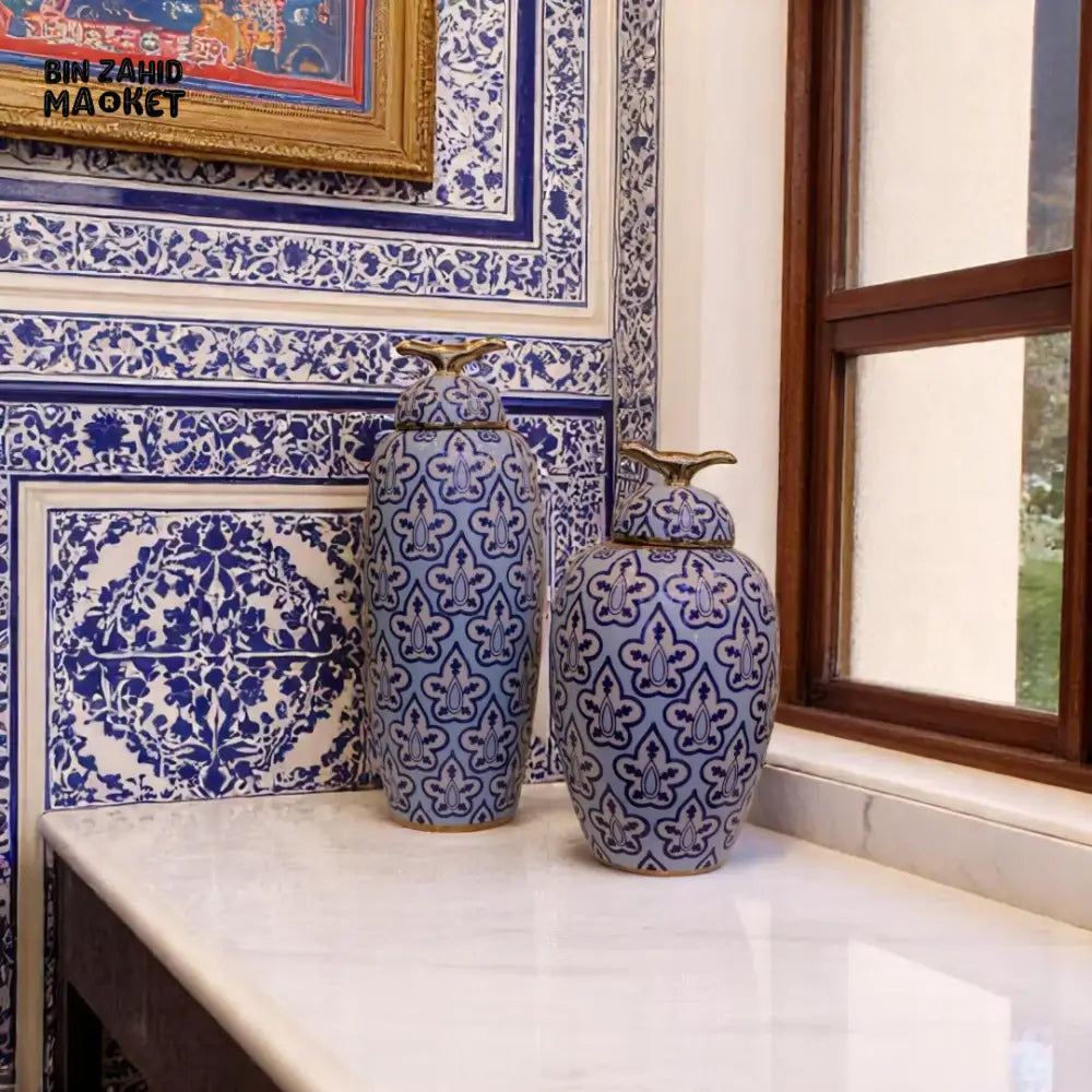 ROYAL BLUE FLORAL CERAMIC VASE SET – GOLDEN FINIAL LID DECOR JARS