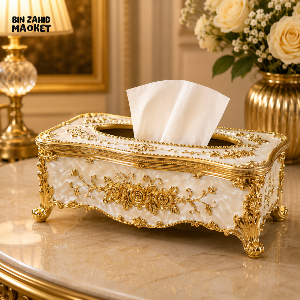 ROYAL ELEGANCE LUXURY TISSUE BOX - WHITE & GOLDEN