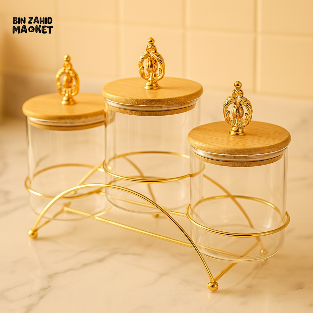 ROYAL GLASS CANISTER TRIO – GOLD FINIAL LIDS ON METAL STAND
