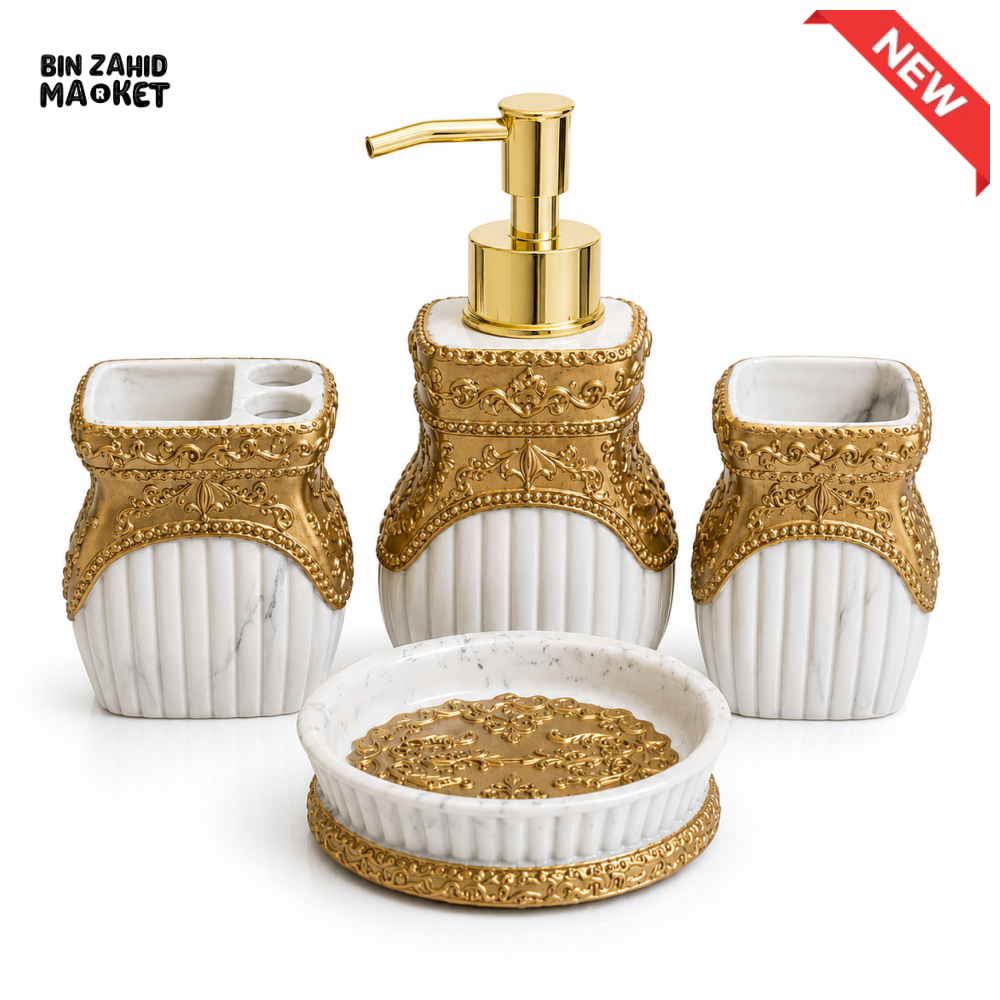 ROYAL MARBLE & GOLD CERAMIC BATHROOM ACCESSORIES SET – 4 PIECES