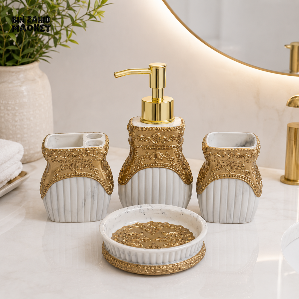 ROYAL MARBLE & GOLD CERAMIC BATHROOM ACCESSORIES SET – 4 PIECES