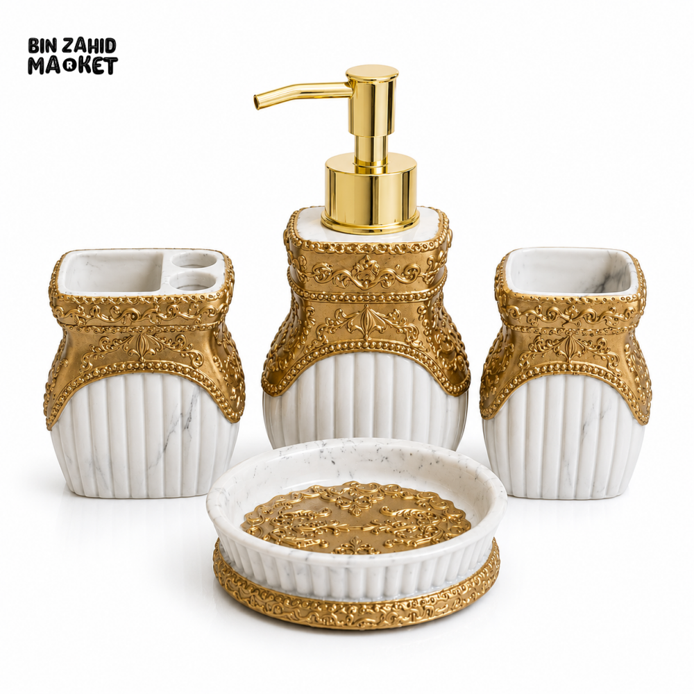 ROYAL MARBLE & GOLD CERAMIC BATHROOM ACCESSORIES SET – 4 PIECES