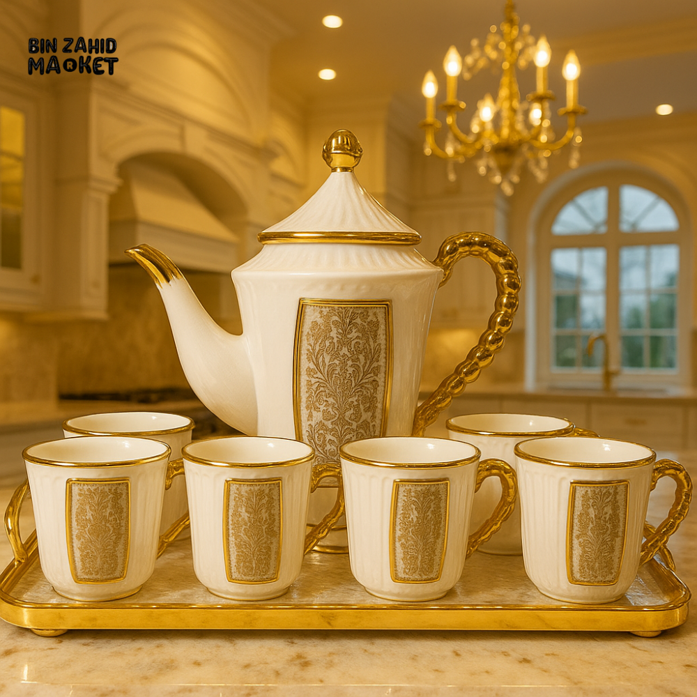 ROYAL WHITE & GOLD TEA SET – 7 PIECE LUXURY CERAMIC SET WITH TRAY FOR VILLA KITCHEN DISPLAY - WHITE & GOLD