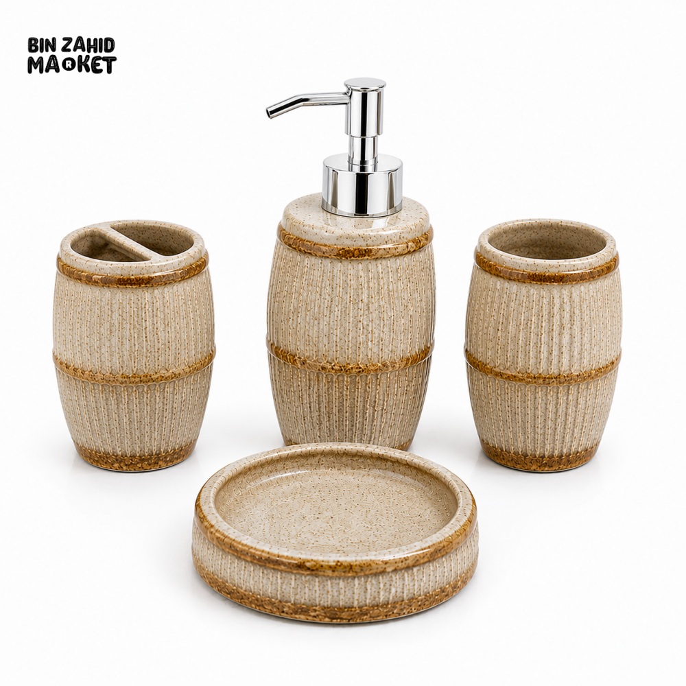 RUSTIC BEIGE CERAMIC BATHROOM ACCESSORIES SET – 4 PIECES