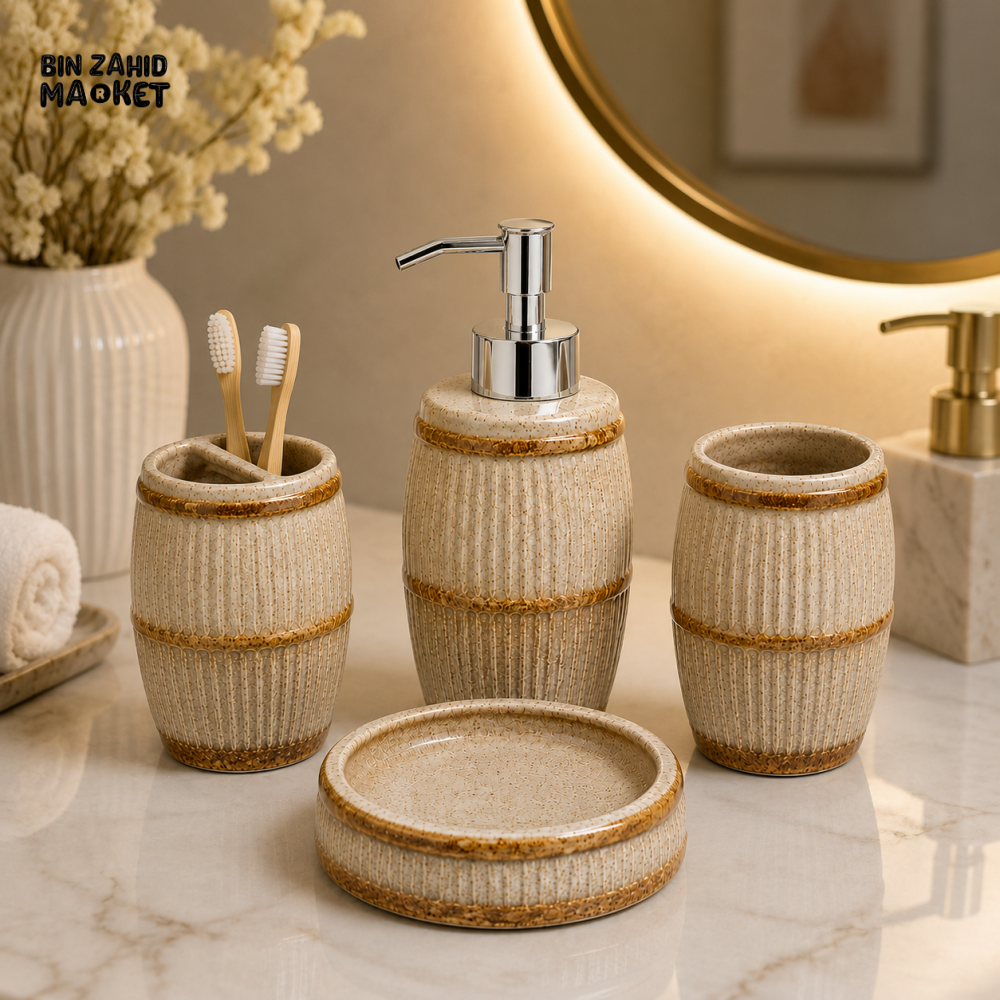 RUSTIC BEIGE CERAMIC BATHROOM ACCESSORIES SET – 4 PIECES