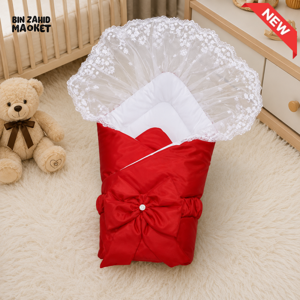 SATIN POLYESTER BABY CARRY NEST WITH LACE CANOPY - RED