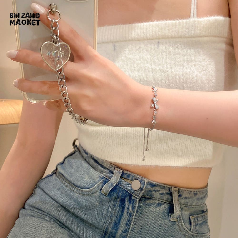 SHINY PINK CRYSTAL CHERRY BLOSSOM BRACELET MOON BOW FLOWERS ZIRCON GIRL JEWELRY