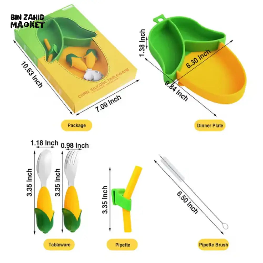 SILICONE SUCTION DIVIDED PLATE SET WITH FORK & SPOON BPA-FREE BABY WEANING & FEEDING TOOL - CORN