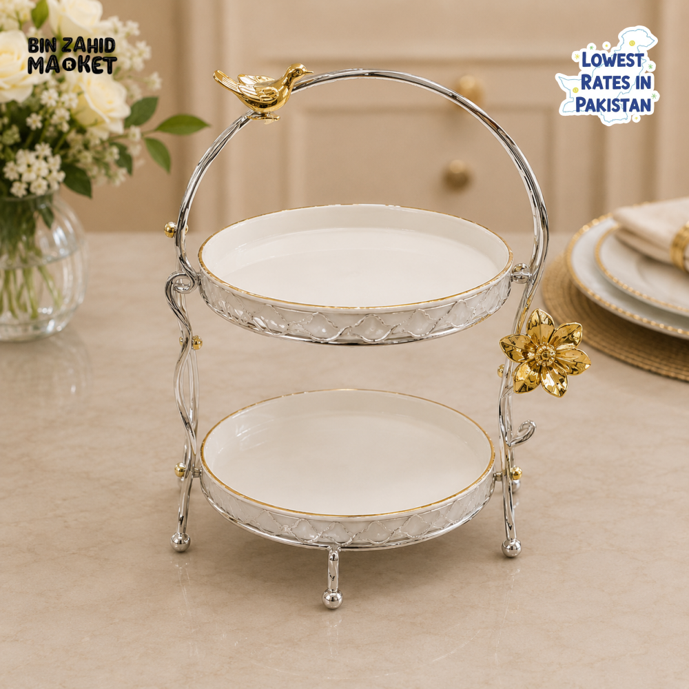 SILVERLUXA 2-TIER SERVING STAND WITH METAL FRAME
