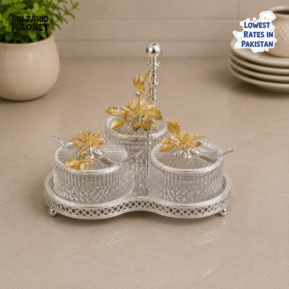 SILVERLUXA 3-PIECE GLASS CONDIMENT SET WITH STAND