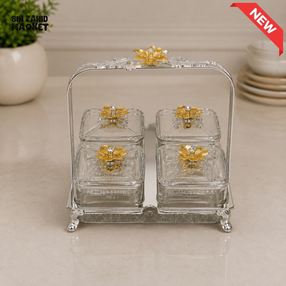 SILVERLUXA 4-PIECE GLASS CONDIMENT SET WITH STAND