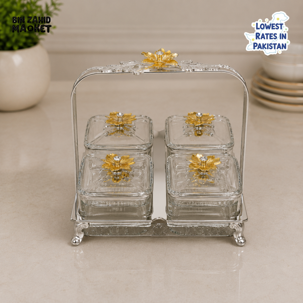 SILVERLUXA 4-PIECE GLASS CONDIMENT SET WITH STAND