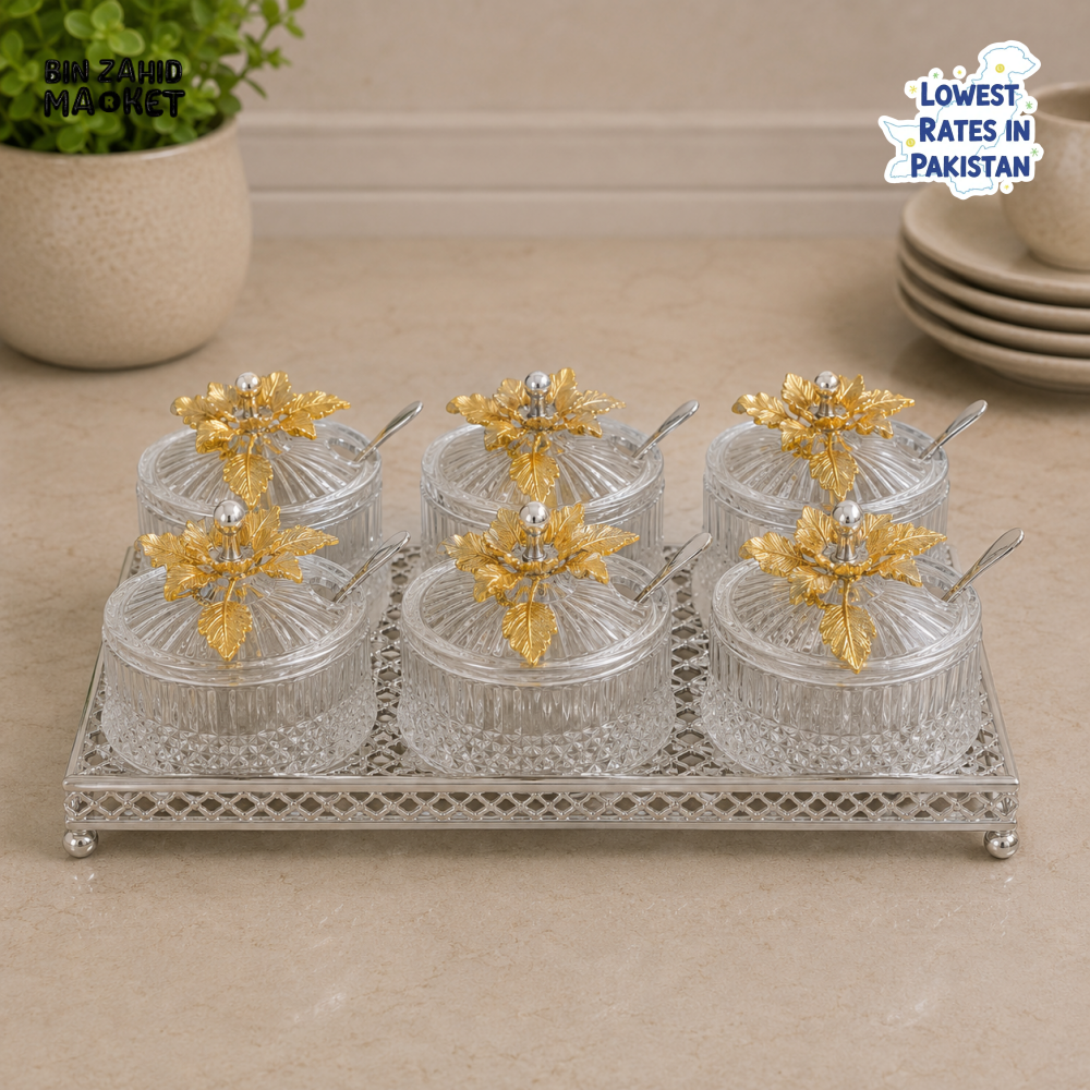 SILVERLUXA 6-PIECE GLASS CONDIMENT SET WITH SERVING TRAY