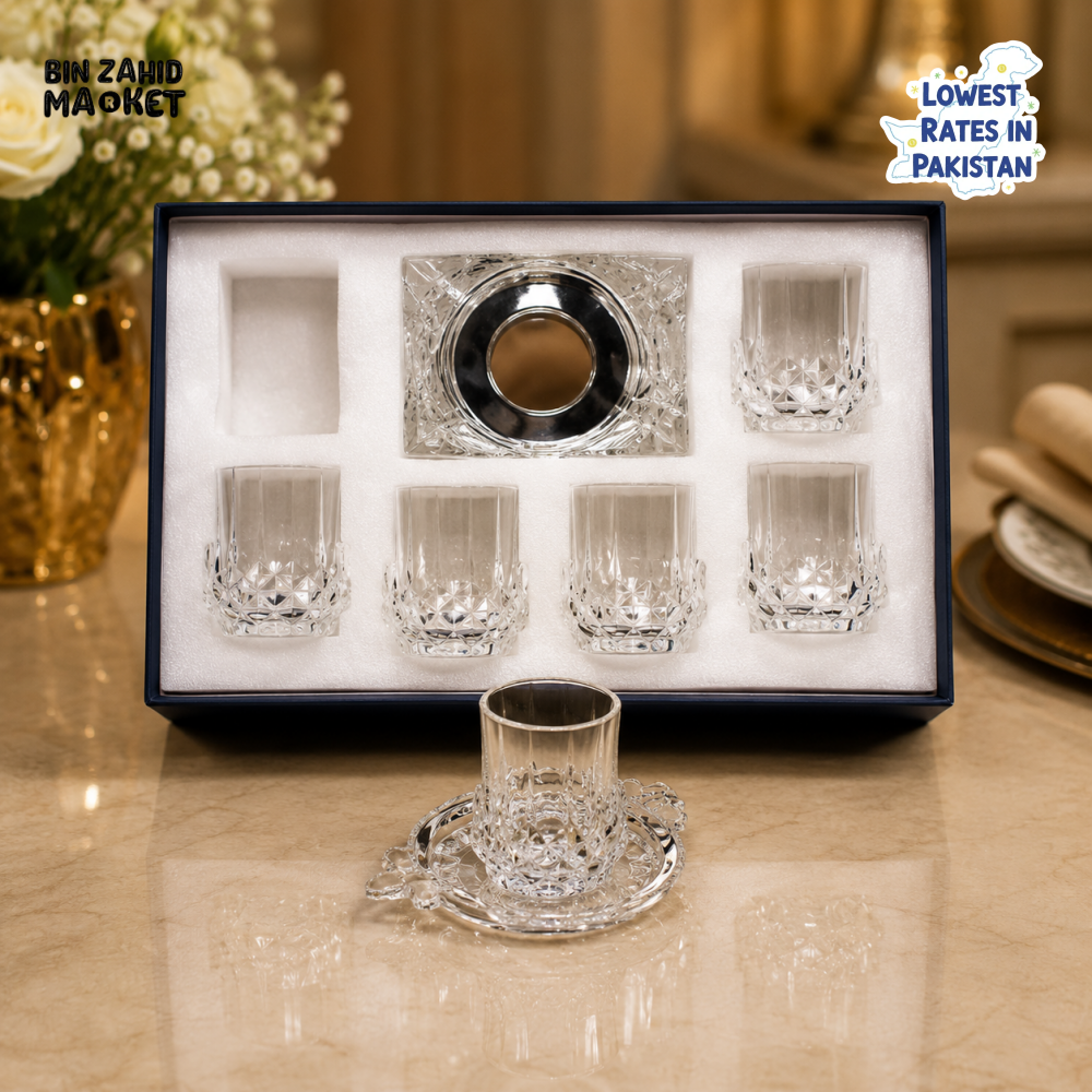 SILVERLUXA 6-PIECE TEA GLASS SET WITH SAUCERS