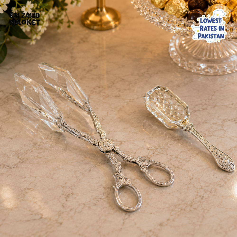 SILVERLUXA CRYSTAL SERVING TONG & SCOOP SET