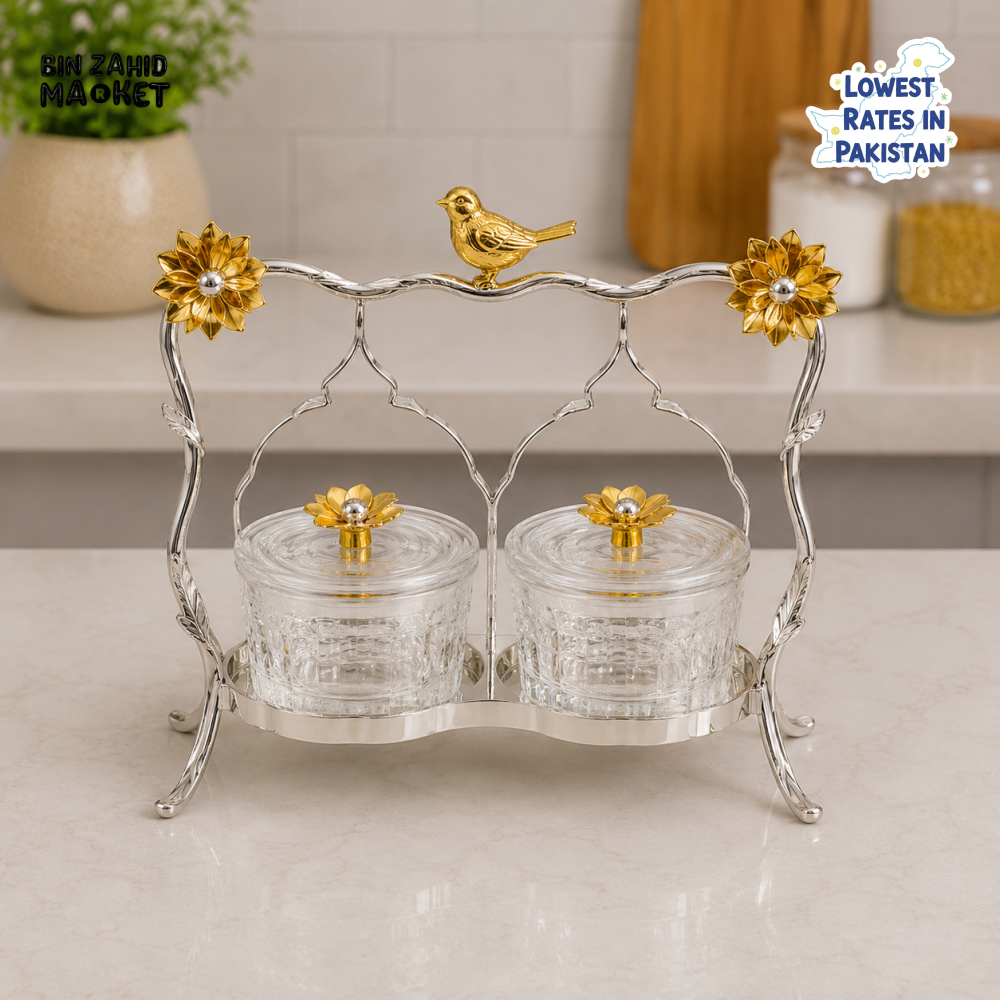 SILVERLUXA GLASS CONDIMENT SET WITH DECORATIVE STAND