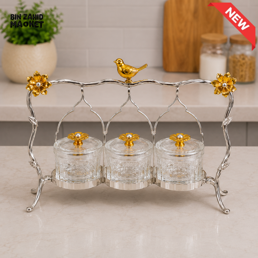 SILVERLUXA GLASS CONDIMENT SET WITH DECORATIVE STAND