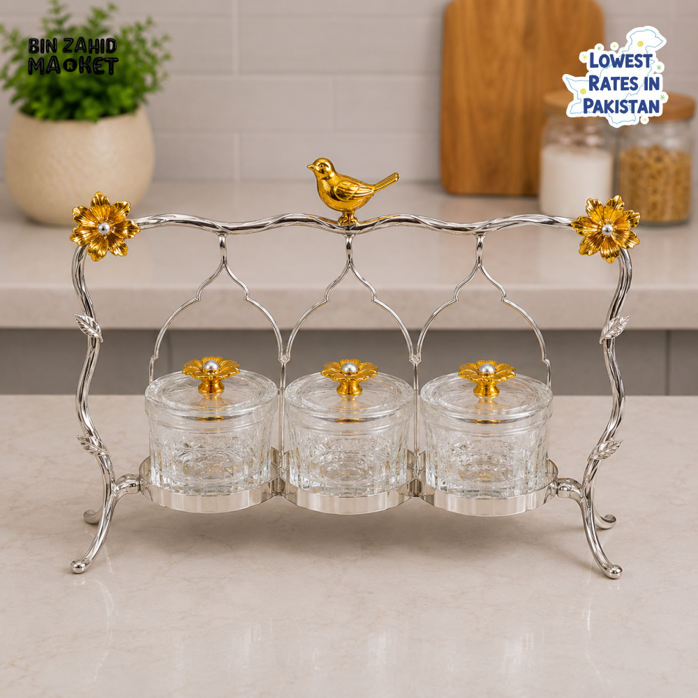 SILVERLUXA GLASS CONDIMENT SET WITH DECORATIVE STAND