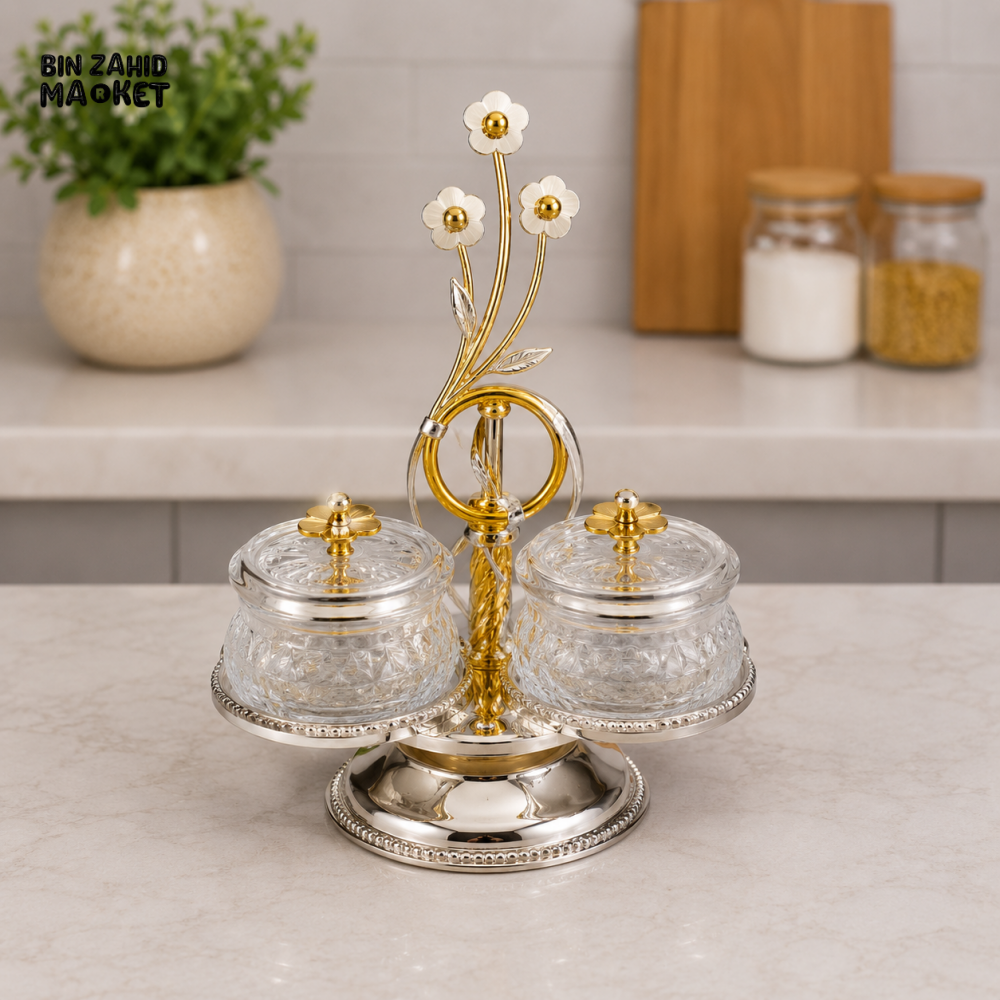 SILVERLUXA GLASS CONDIMENT SET WITH STAND