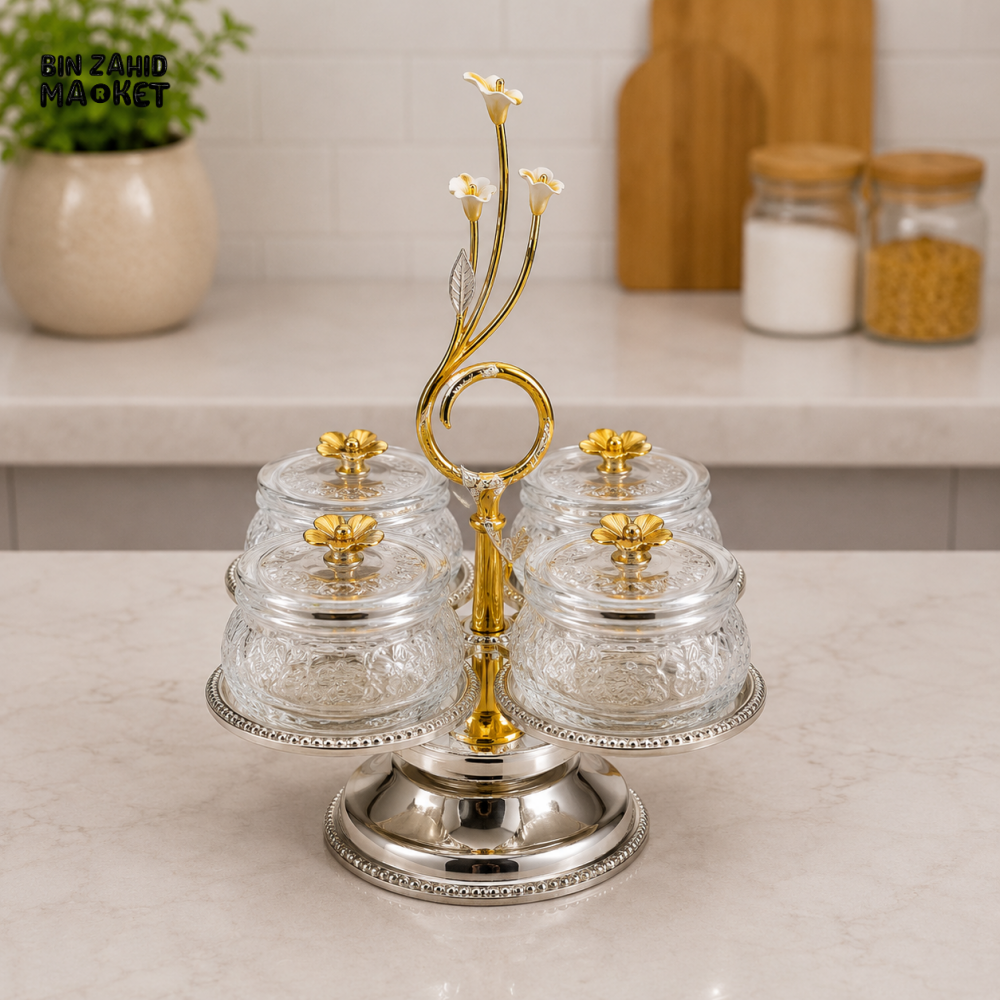 SILVERLUXA GLASS CONDIMENT SET WITH STAND - 4 PIECE