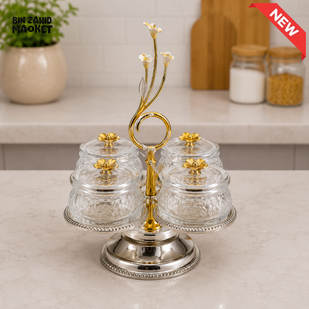 SILVERLUXA GLASS CONDIMENT SET WITH STAND - 4 PIECE