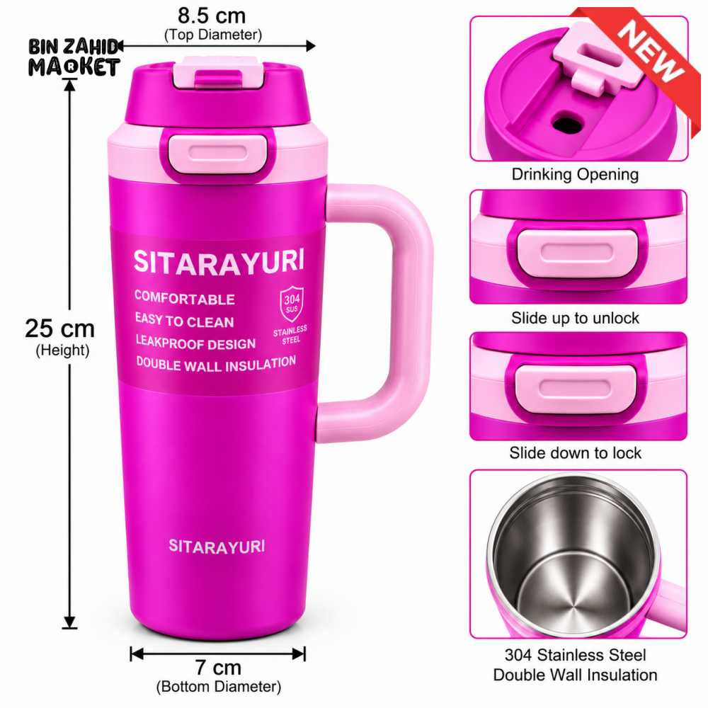 SITARAYURI BRILLIANT PINK INSULATED TUMBLER WITH HANDLE AND LOCKING LID - 1.2 LITRE - Tumblers
