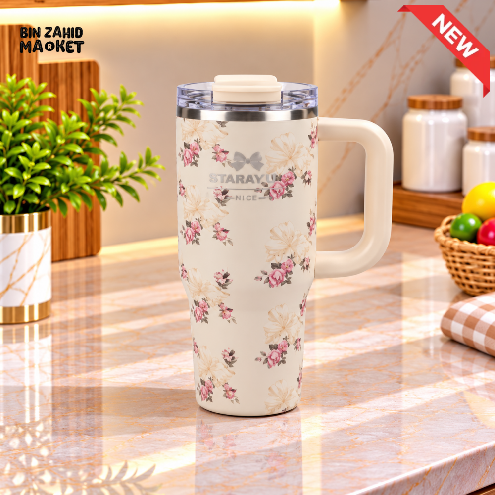 SITARAYURI CREAM FLORAL INSULATED TUMBLER WITH HANDLE AND SIP LID - 900ML - Tumblers