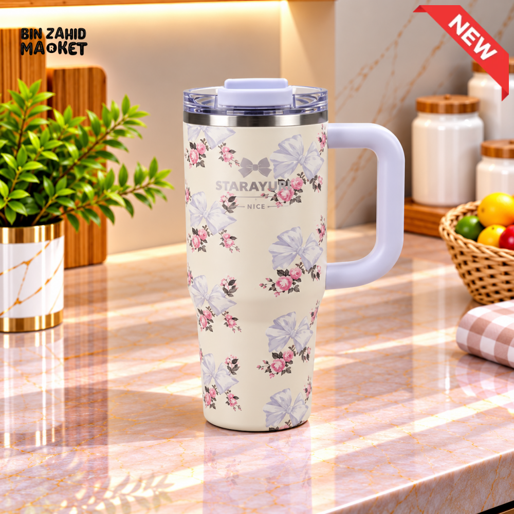 SITARAYURI CREAM FLORAL INSULATED TUMBLER WITH LAVENDER HANDLE AND SIP LID - 900ML - Tumblers