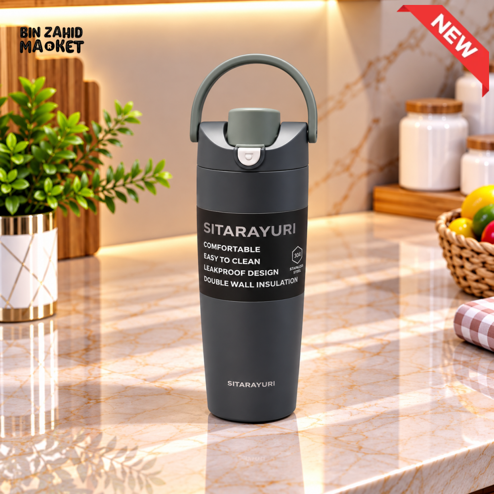 SITARAYURI DARK GREY INSULATED TUMBLER WITH CARRY HANDLE AND FLIP LID - 900ML - Tumblers