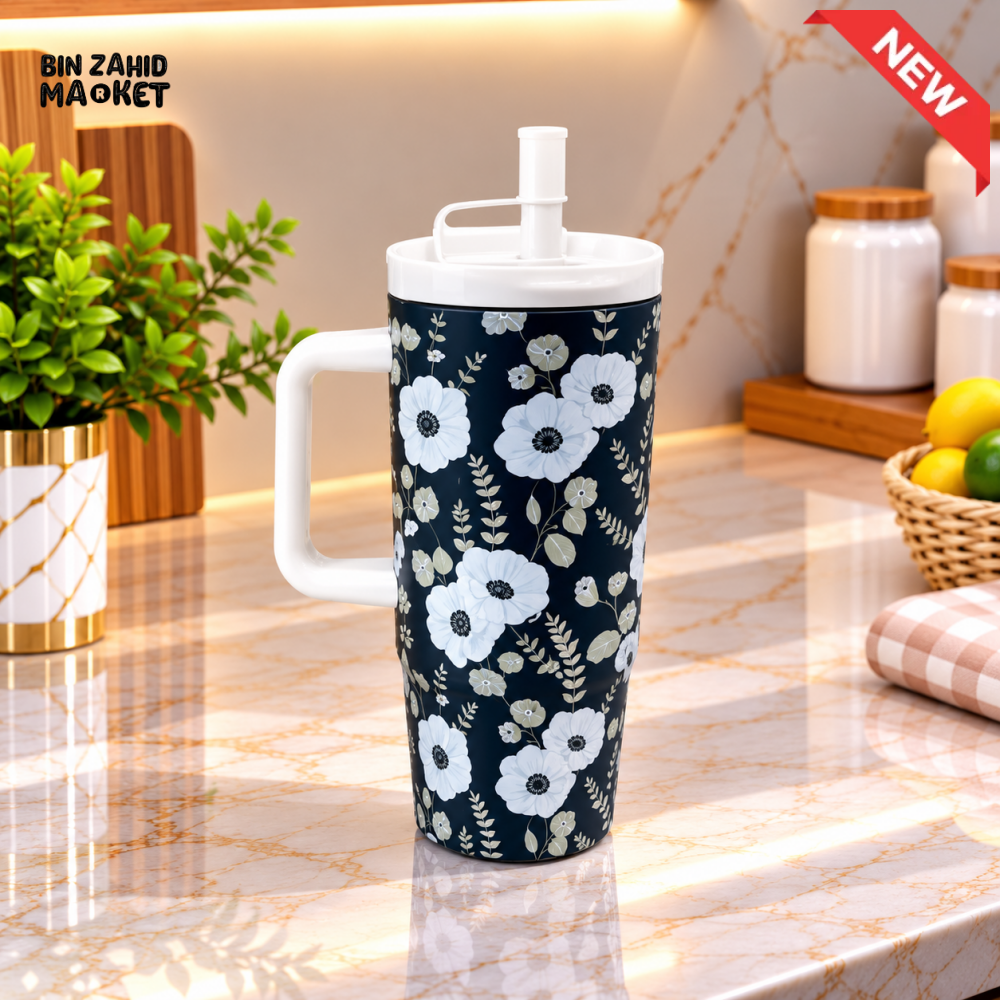 SITARAYURI NAVY BLUE FLORAL INSULATED TUMBLER WITH HANDLE AND STRAW LID - 1.2 LITRE - Tumblers