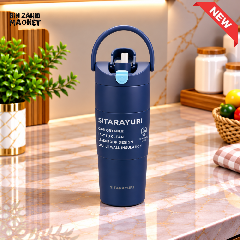 SITARAYURI NAVY BLUE INSULATED TUMBLER WITH CARRY HANDLE AND FLIP LID - 900ML - Tumblers