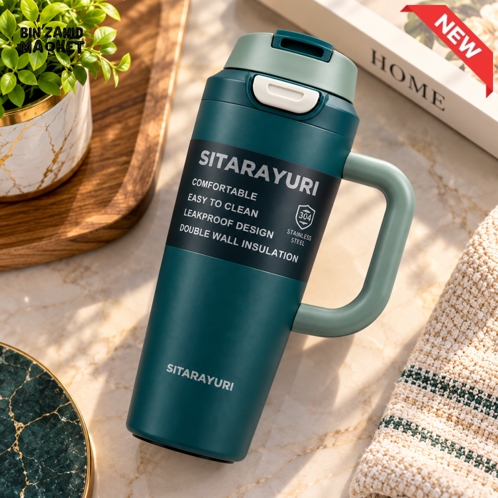 SITARAYURI TEAL GREEN INSULATED TUMBLER WITH HANDLE AND FLIP LID - 1.2 LITRE - Tumblers
