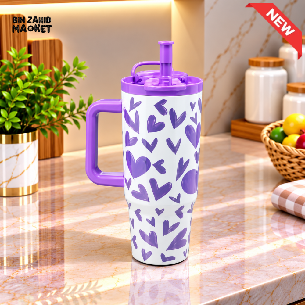 SITARAYURI WHITE AND PURPLE HEART PRINT INSULATED TUMBLER WITH HANDLE AND STRAW LID - 1.2 LITRE - Tumblers