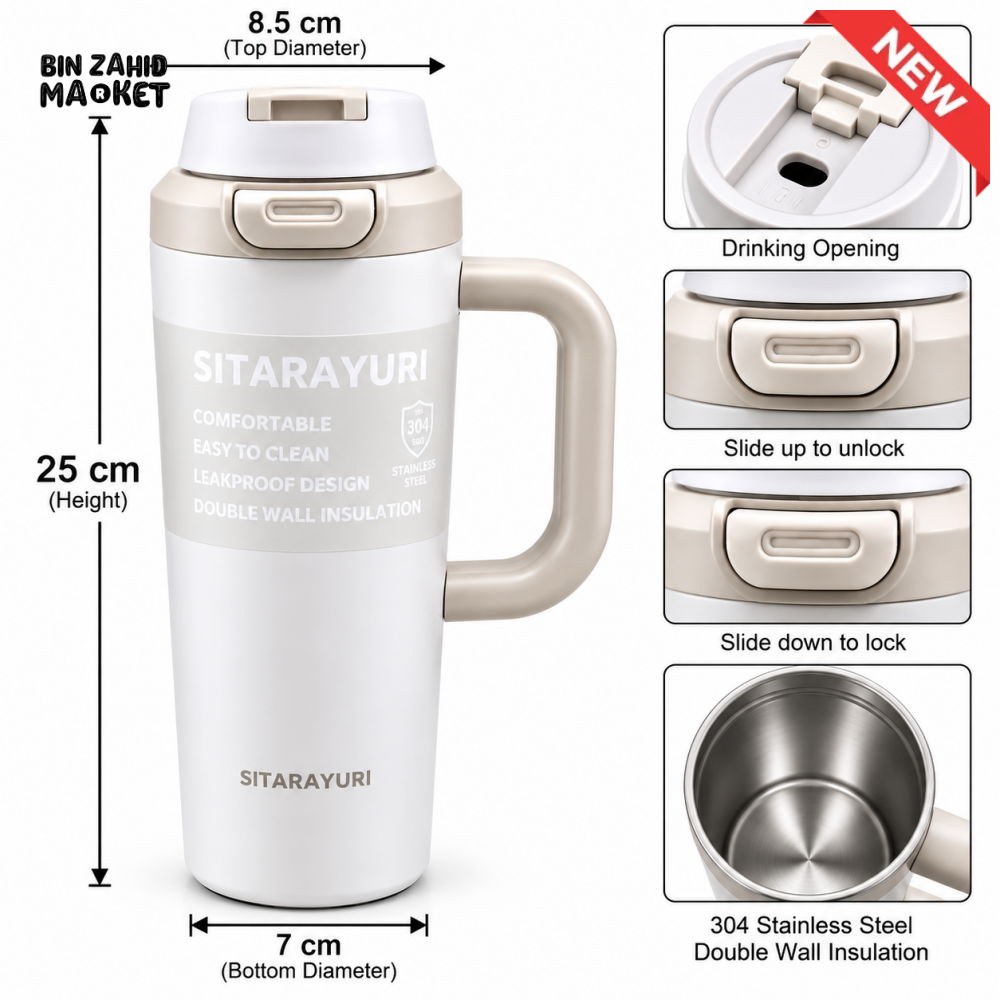 SITARAYURI WHITE & CREAM INSULATED TUMBLER WITH HANDLE AND FLIP LID - 1.2 LITRE - Tumblers