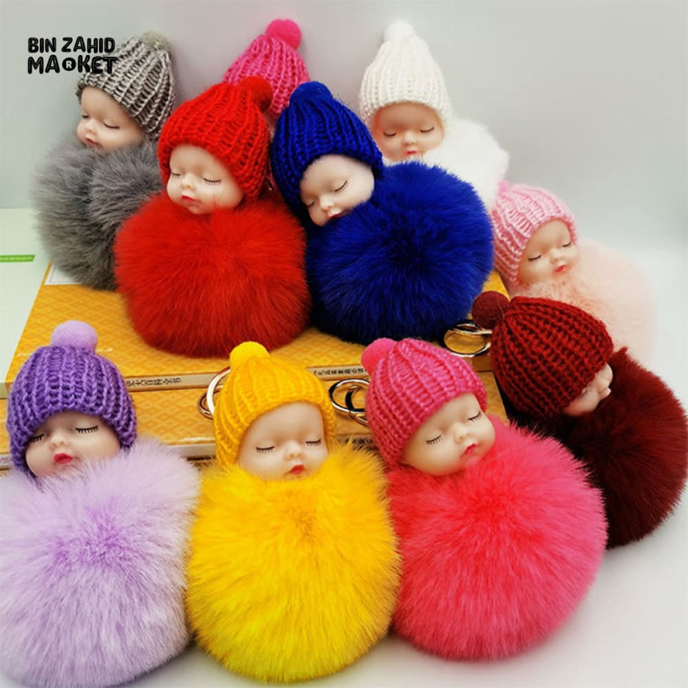 SLEEPING BABY PLUSH KEYRING – FLUFFY BALL BAG CHARM GIFT