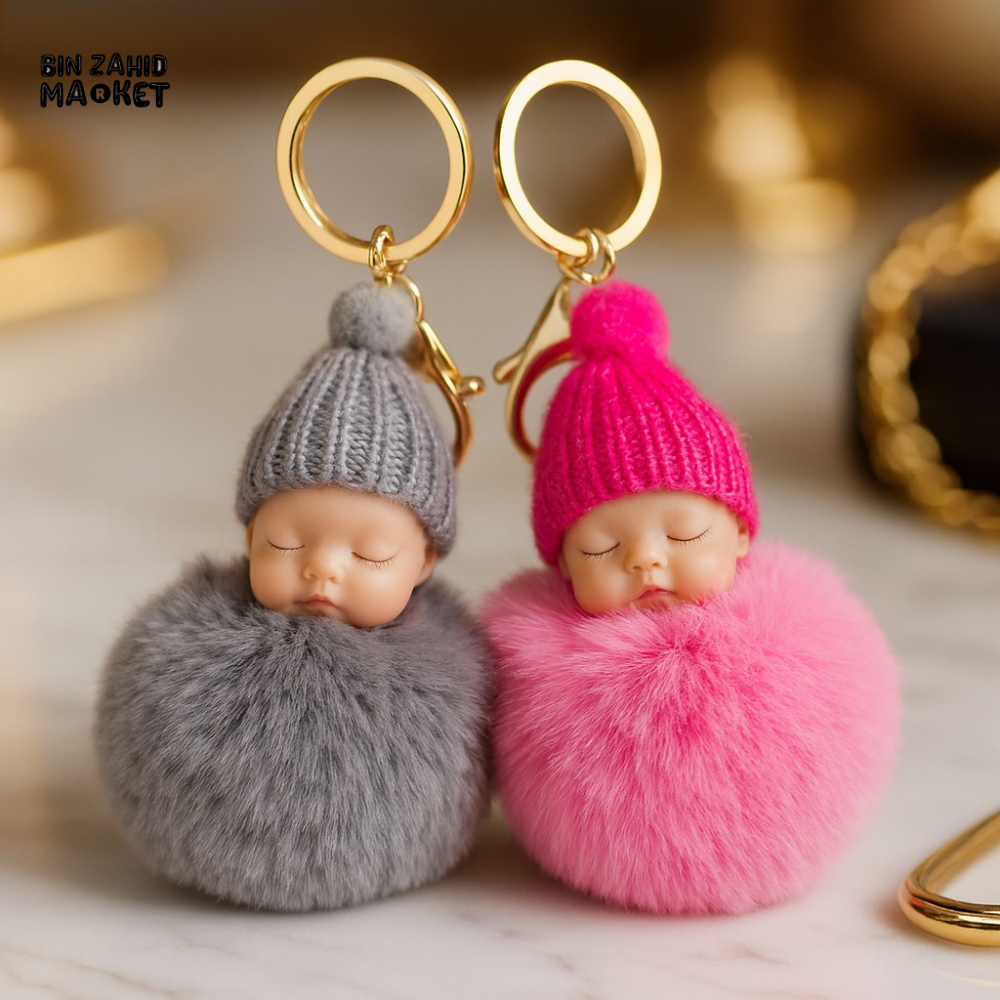 SLEEPING BABY PLUSH KEYRING – FLUFFY BALL BAG CHARM GIFT