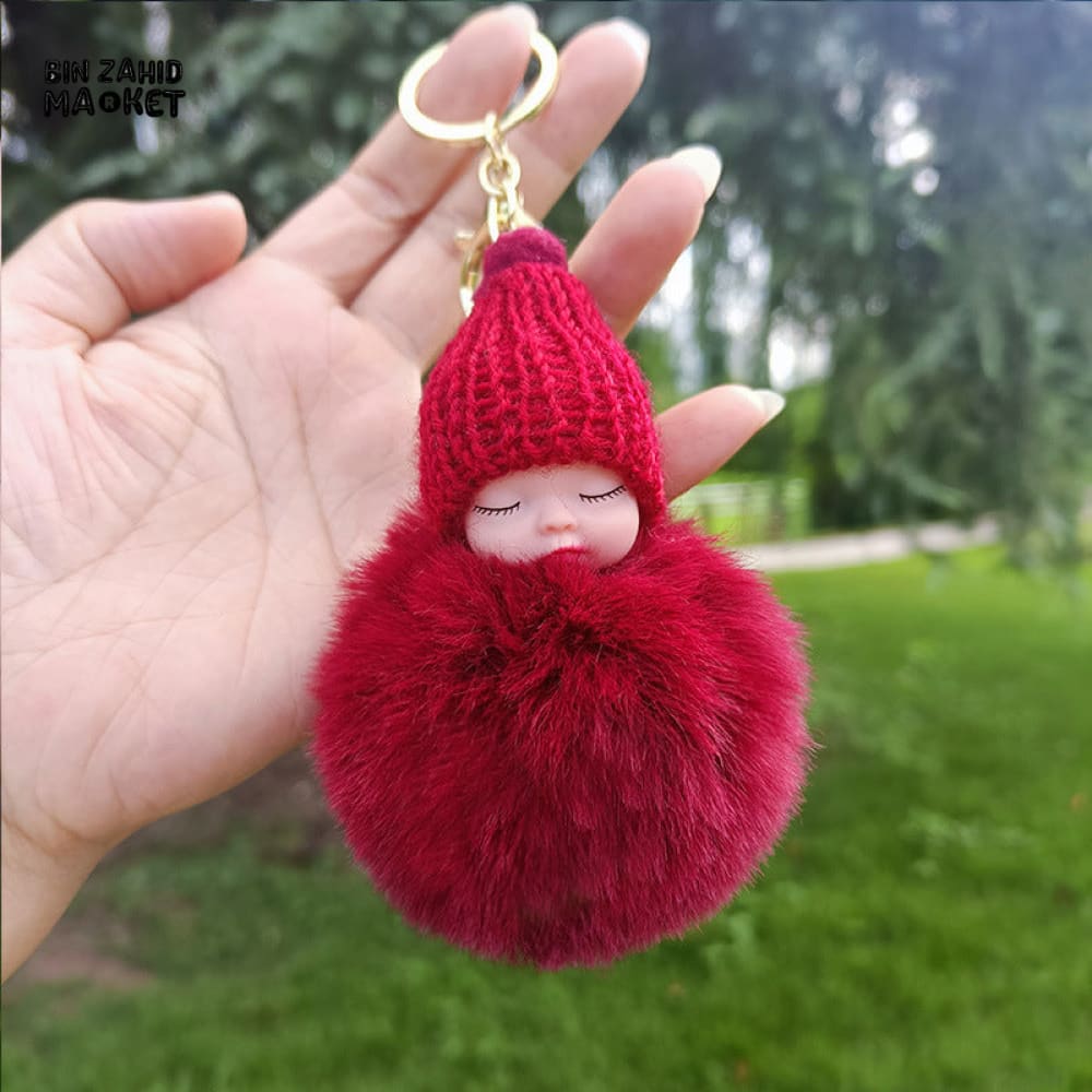 SLEEPING BABY PLUSH KEYRING – FLUFFY BALL BAG CHARM GIFT